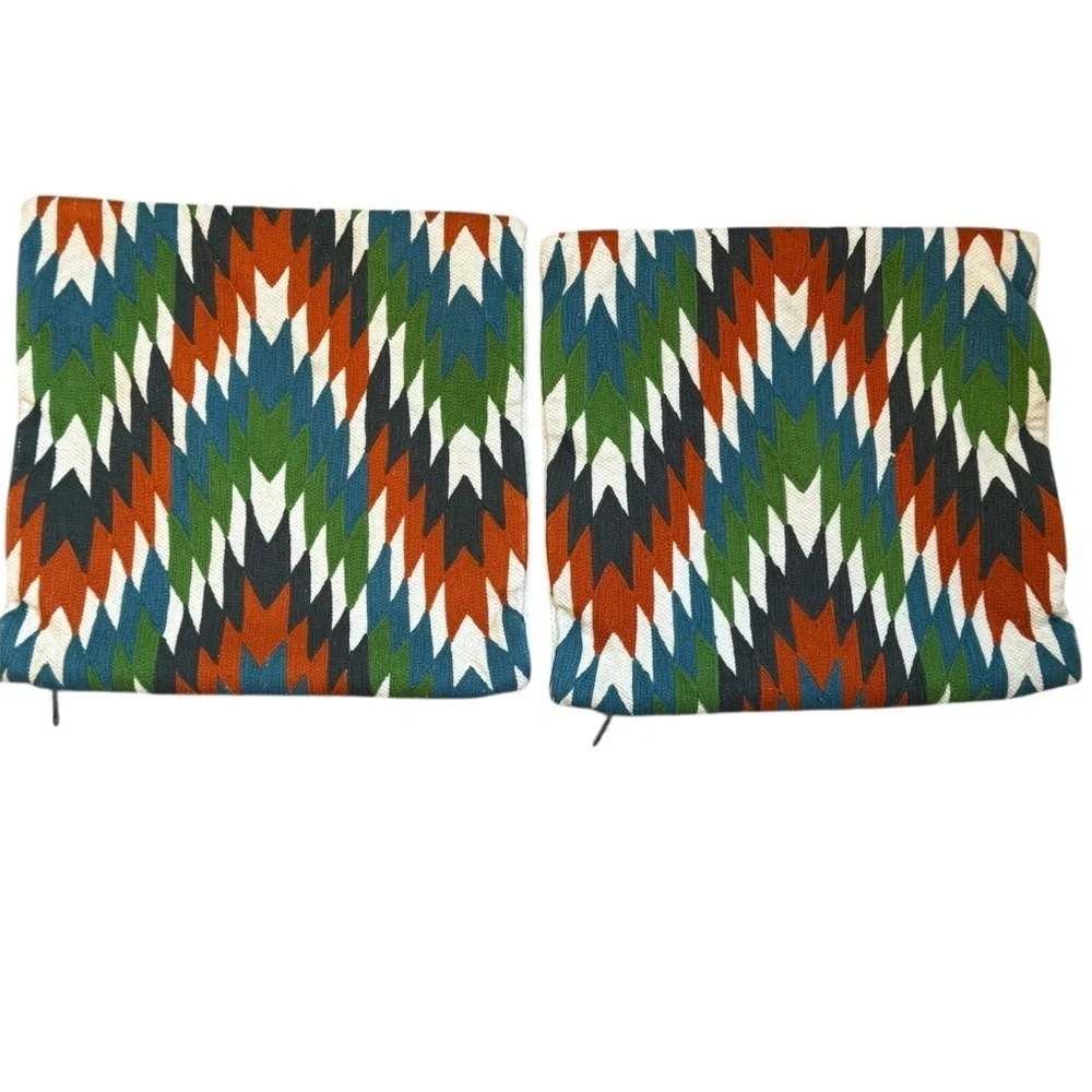 Crate & Barrel Tempest Woven Needlepoint Pillow Covers Set 2 Southwestern 16x16”